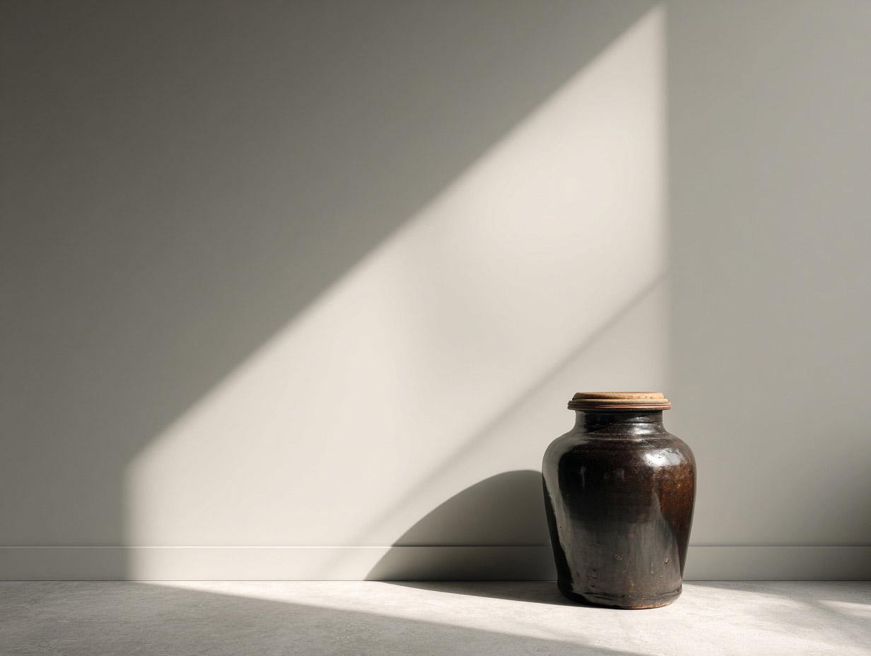 A glazed jar resting bottom-right against a near-empty sunlit wall