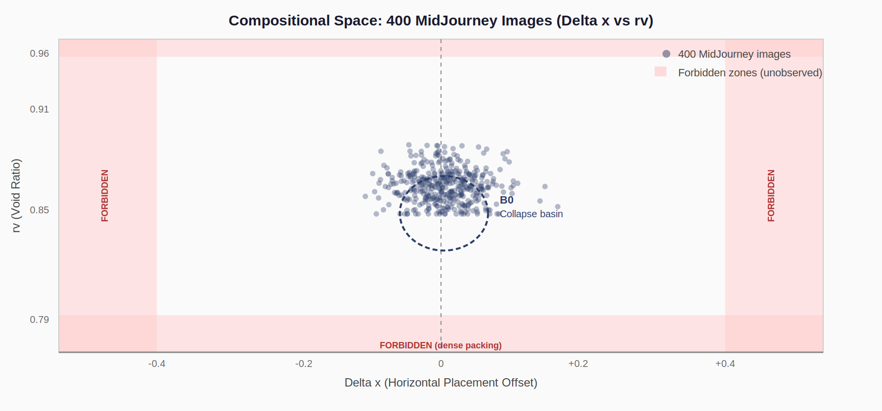400 MidJourney images in Delta x vs rv space: narrow ellipse in Basin B0