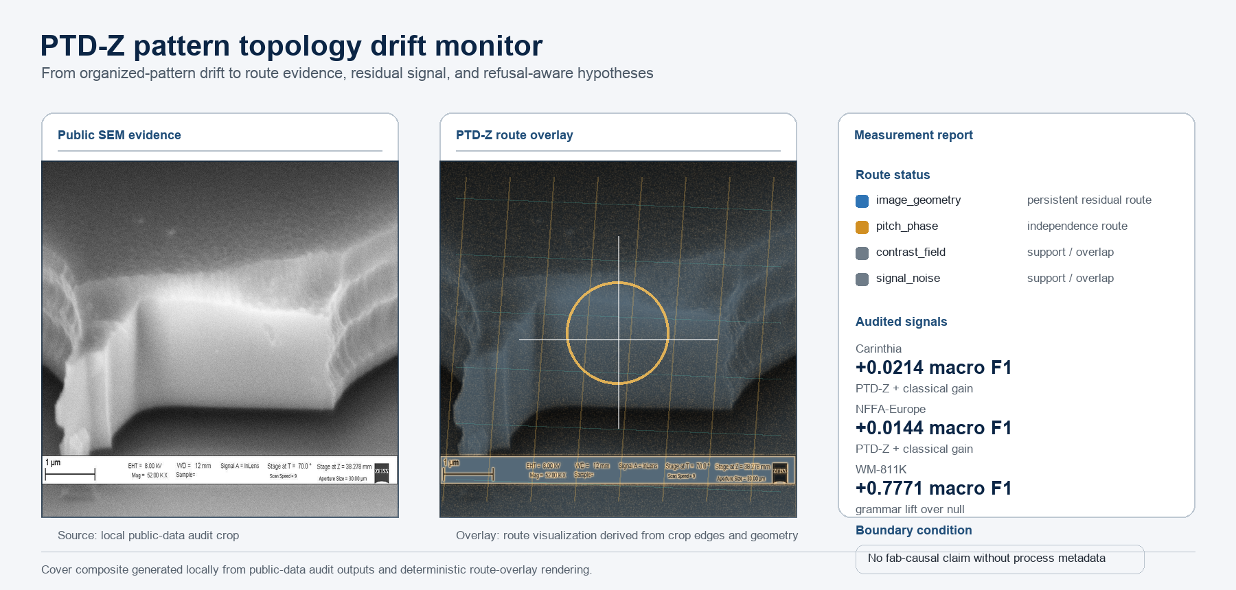 Public-data SEM crop with deterministic PTD-Z route overlay and audited route/report signals