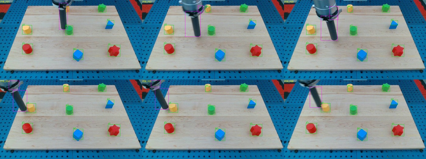 Six frames of the P18 episode showing the robot arm moving and a yellow block being progressively uncovered, with learned detection boxes overlaid.