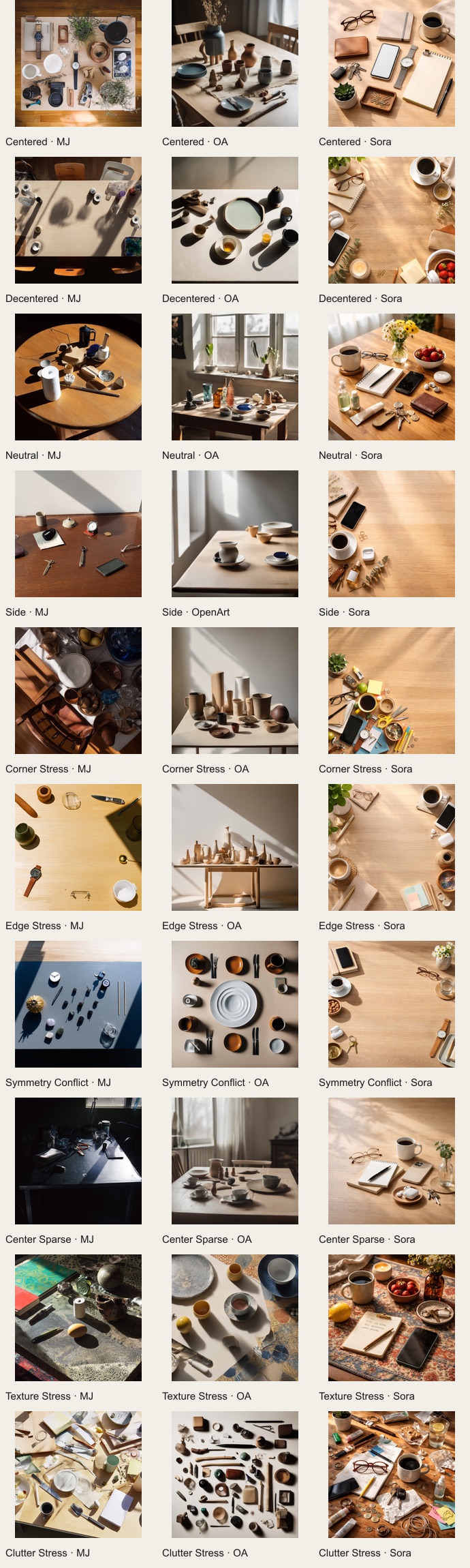 Grid of one representative image for each of ten prompt conditions on Midjourney, OpenArt and Sora