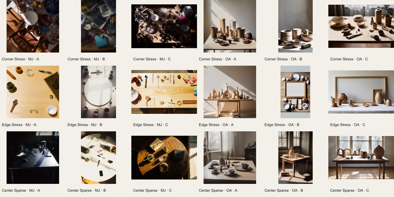 Three draws each of Corner Stress, Edge Stress and Center Sparse from Midjourney and OpenArt