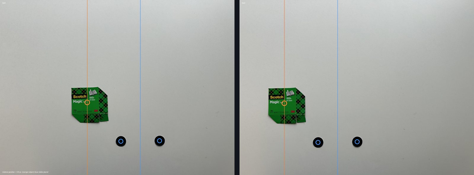Two-view overlay of a flattened Scotch-tape box printed to read as three-dimensional; the object marker tracks the table plane between the two views, and the instrument reads it FLAT.