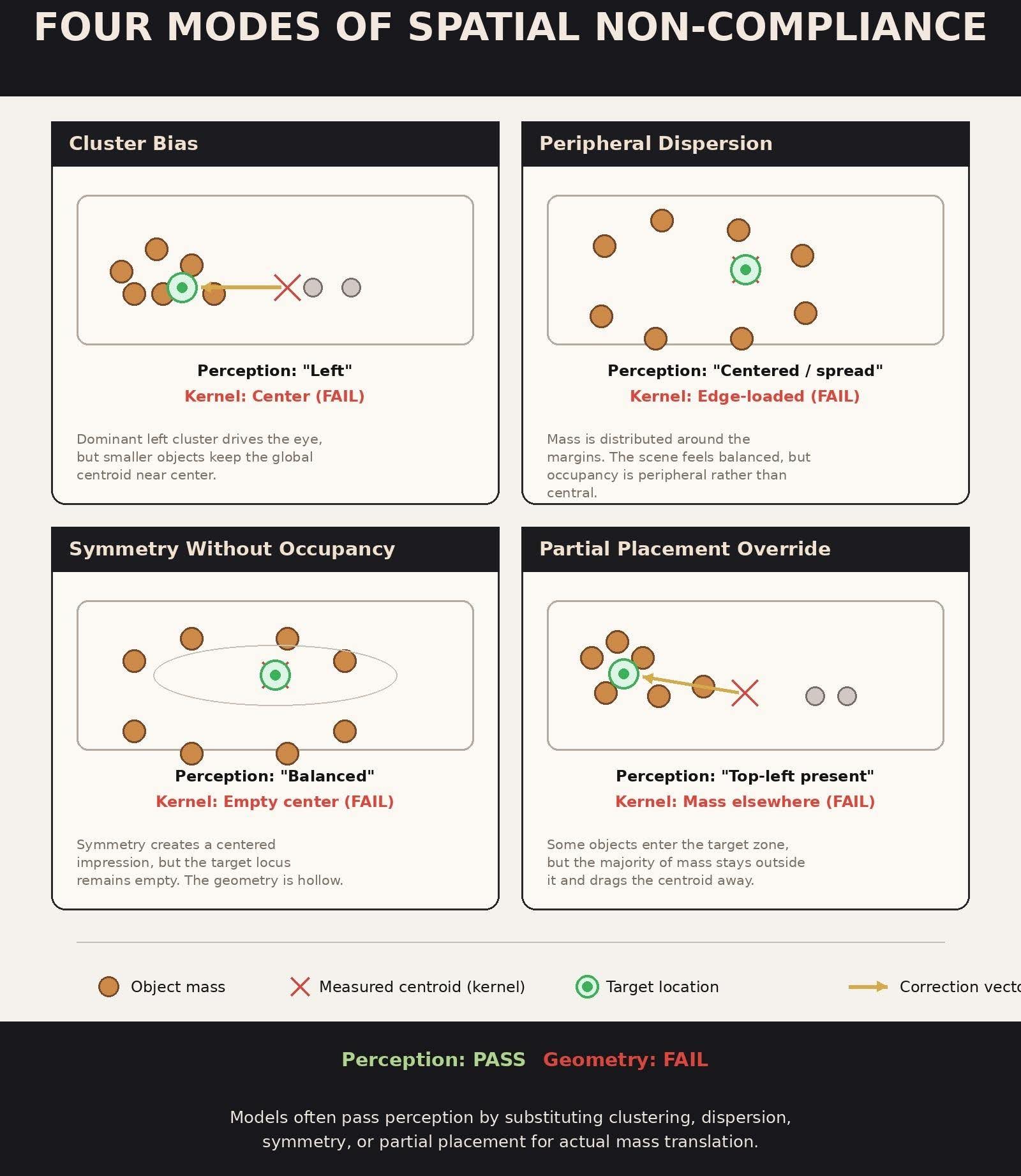 Infographic titled Four Modes of Spatial Non-Compliance with four labeled panels: Cluster Bias, Peripheral Dispersion, Symmetry Without Occupancy, and Partial Placement Override. Each shows object mass, a measured centroid, a target location, and a correction vector; each is labeled Perception PASS, Geometry FAIL.