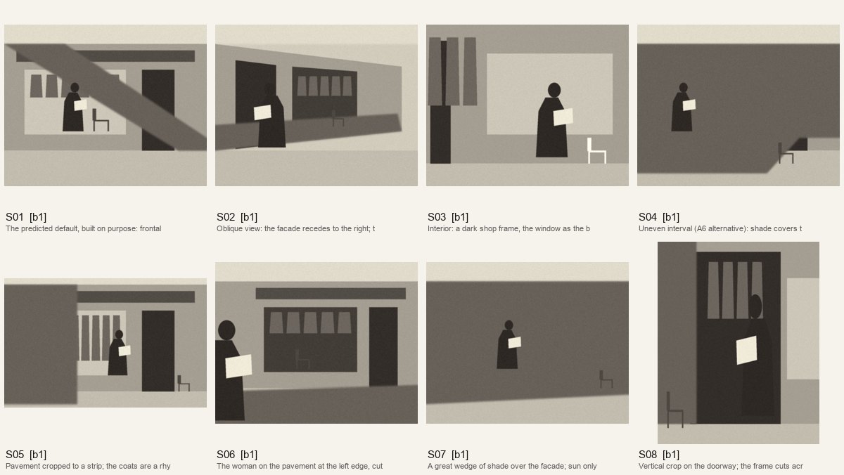 Twelve studies. S01, top left, is the predicted default built on purpose: frontal facade, lit window, the woman centred, one raking diagonal of shade.
