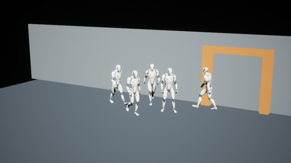 Unaltered Unreal render of five figures standing near a doorway