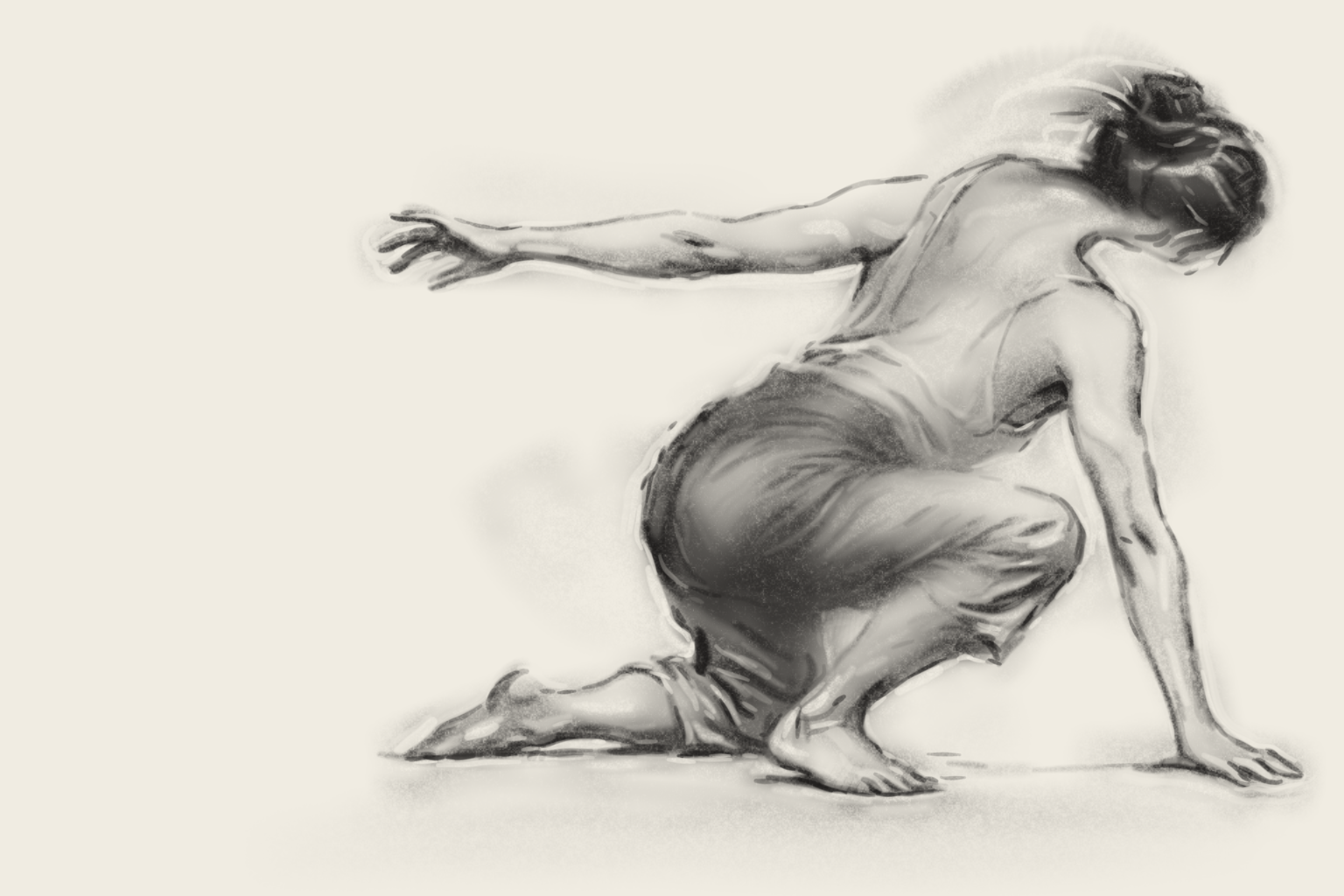 Native charcoal-like figure with bowed head, quieter clothing and ground beneath the supporting hand and feet