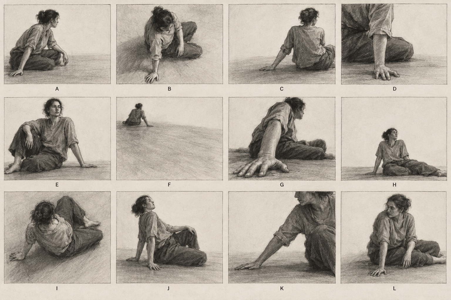 Twelve composition studies labelled A through L