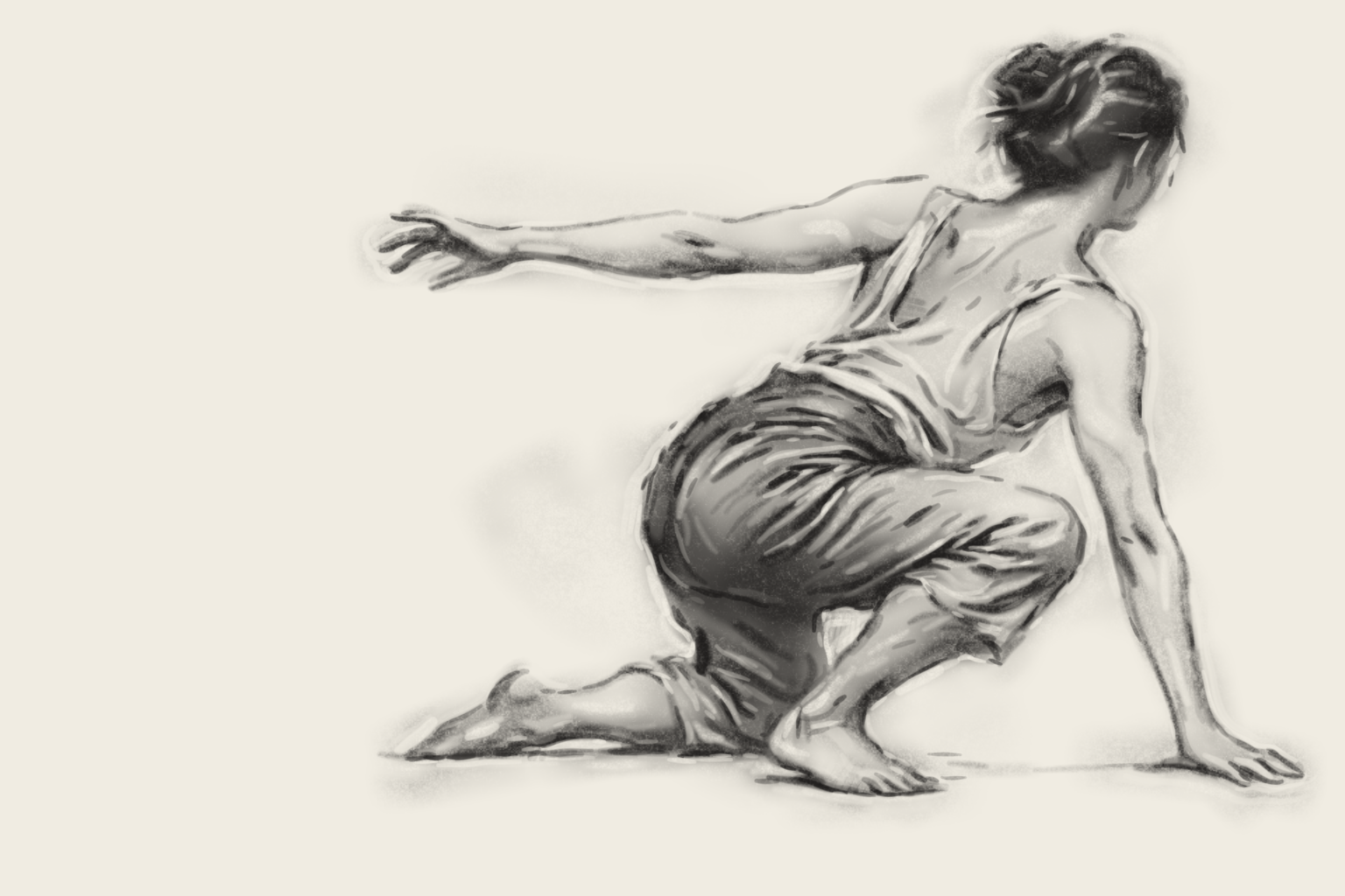 Retained native drawing: low turning figure at right with one arm reaching left across empty paper