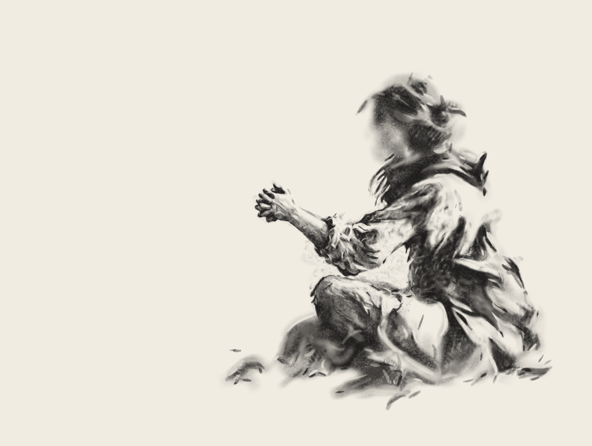Retained native charcoal interpretation of a seated figure reaching her clasped hands forward